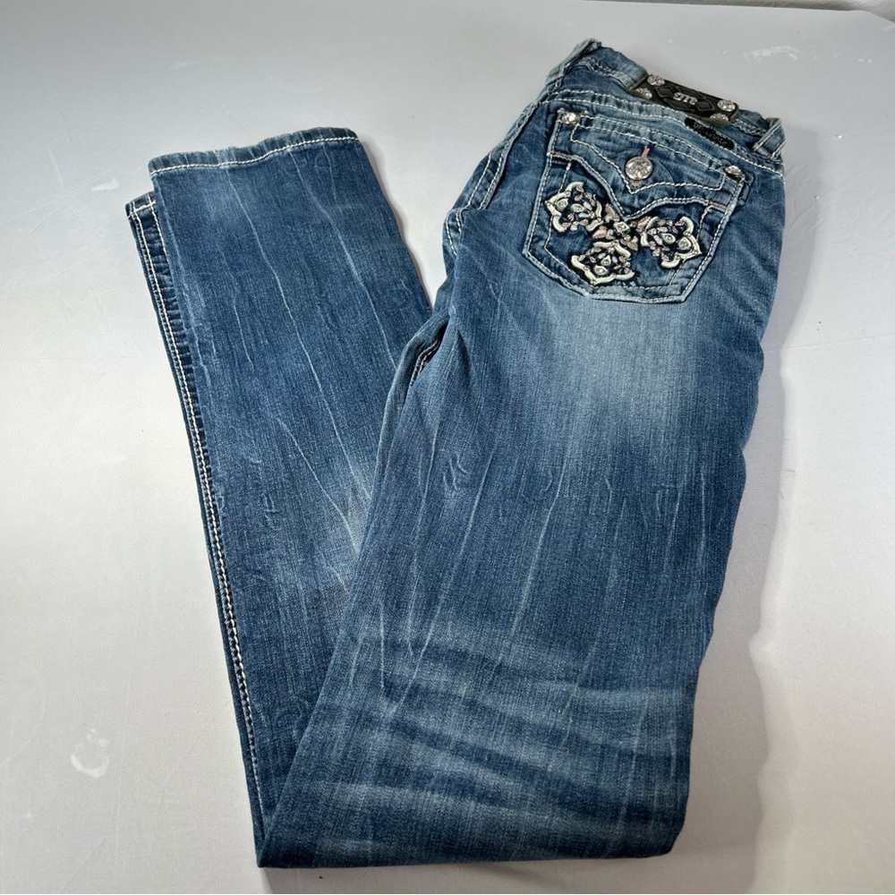 Miss Me Denim Straight Leg Jeans with Floral Accents